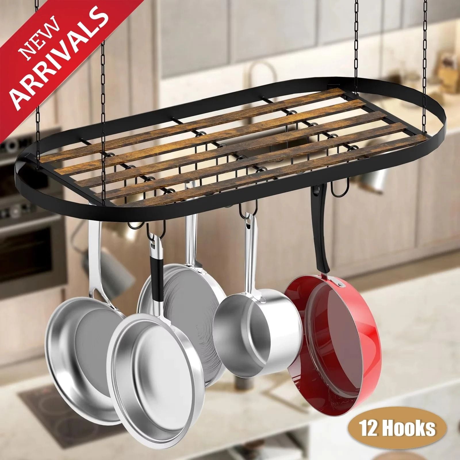 Hanging Pot Rack Ceiling Mount Cookware Organizer with 12pcs Hooks Pots and Pans Storage 33' Oval Pan Hangers for Kitchen,Easy Assembly, Black - JM Variety Store